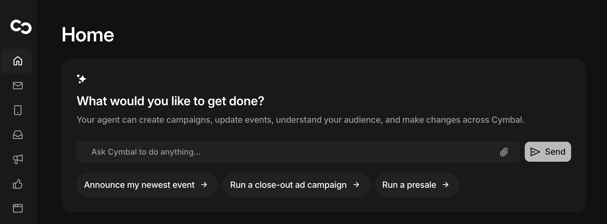 The Cymbal agent chat panel in Cymbal Manager, with a message field and suggested actions
