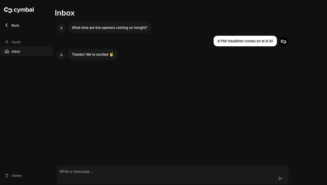 Cymbal two-way messaging inbox showing a fan asking about set times and the Cymbal team responding.
